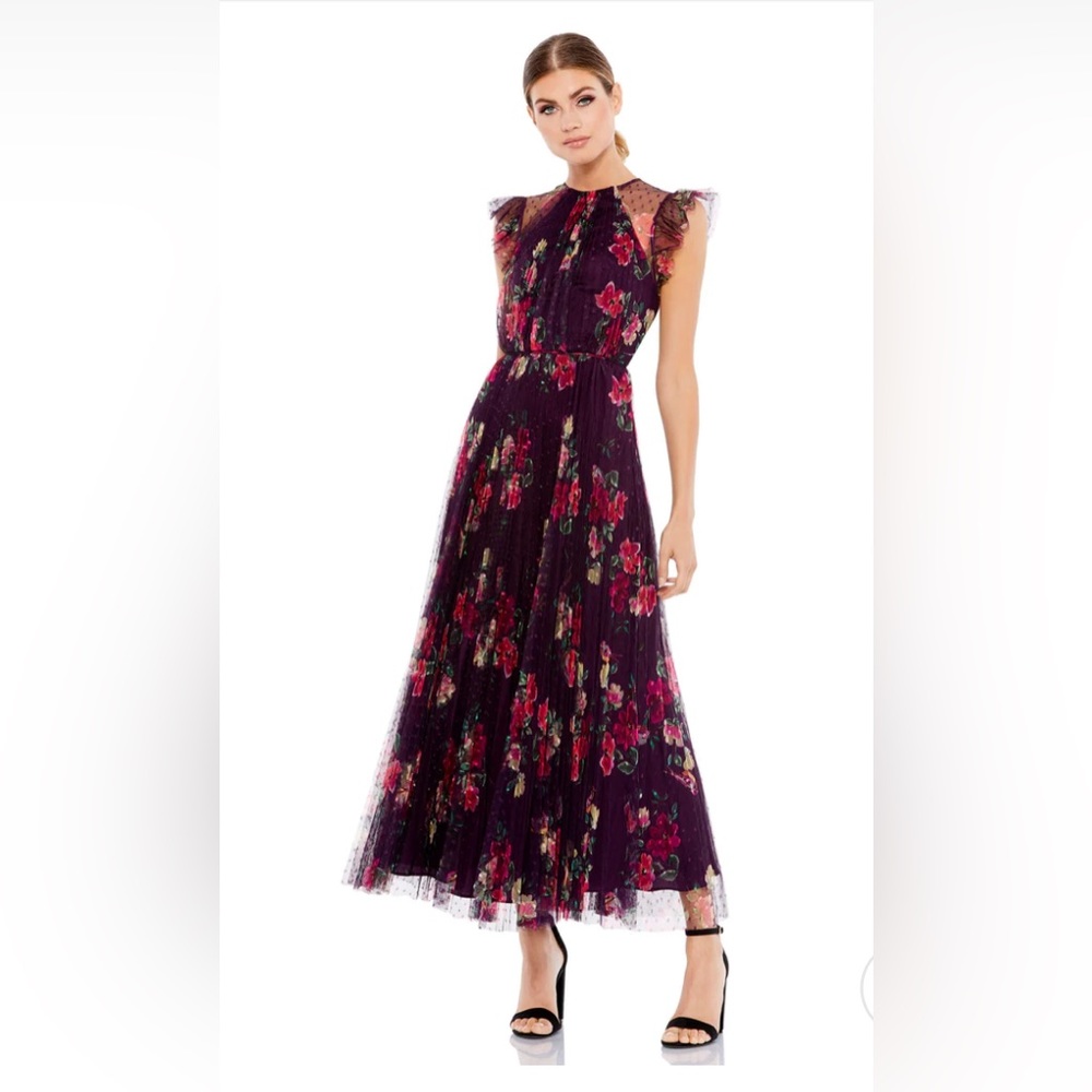 Mac Duggal Plum Floral Tulle Maxi Dress